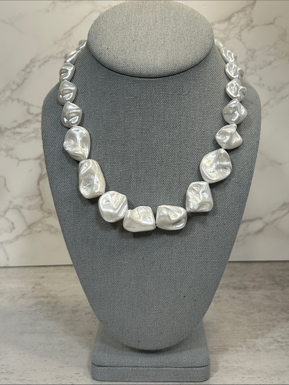 Faux Cultured Pearl White Statement Necklace Acrylic & Glass